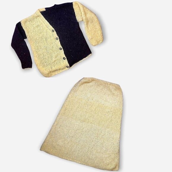 HAND KNIT WOOL 2 PIECE SET CARDIGAN MAXI SKIRT MUSTARD CHOCOLATE BROWN LUREX - Picture 3 of 13